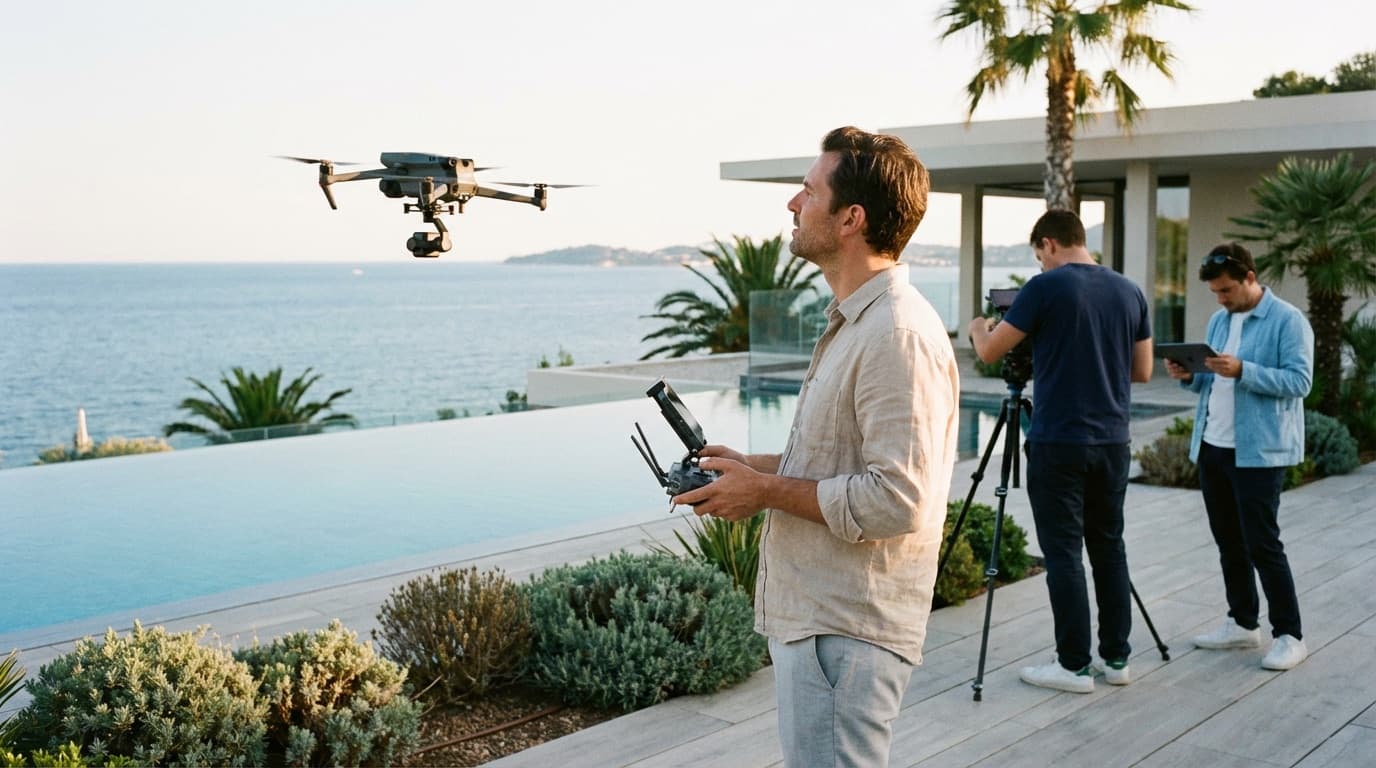 Producción en entorno hotelero: coordinación en el lugar, operaciones con dron integradas en el dispositivo.