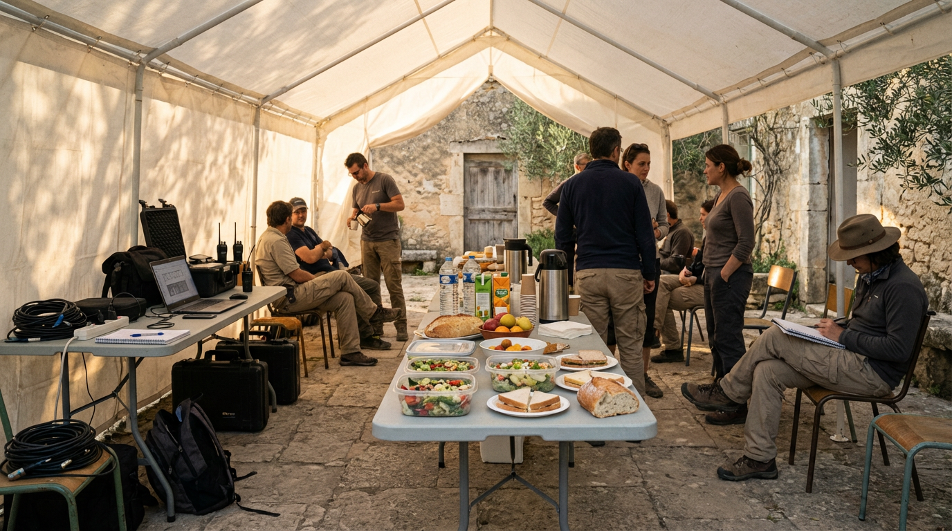 Pause repas équipe dans une cour en pierre : rythme, cohésion et continuité opérationnelle.